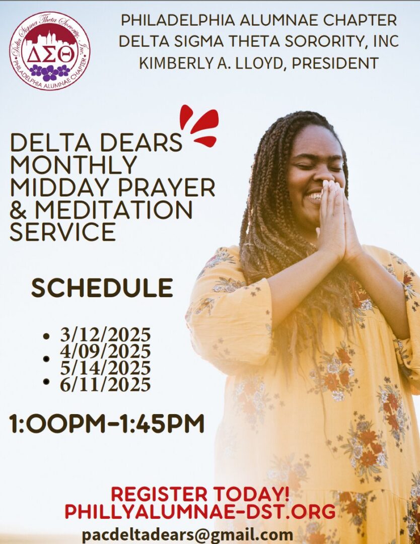 Woman praying with Delta Dears meditation service schedule beside her.